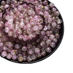 Perles de verre craquelées roses 8-10mm style fil doré brillant pour bracelets DIY colliers