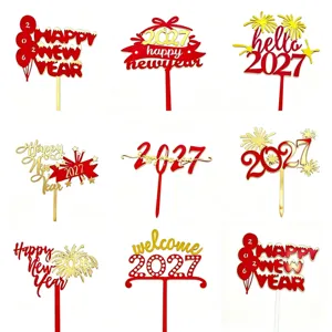 2026 New Year Cake Topper Happy New Year Acrylic Cake Decoration Red Gold Party Supplies Desserts Cupcake Insert