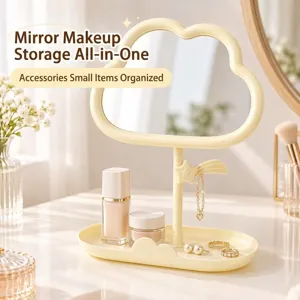 Cute cloud shaped desktop makeup mirror with storage tray and hook, ideal for dorm room dresser.