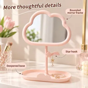 Cute pink cloud tabletop makeup mirror with storage tray and hook, ideal for student dorms.