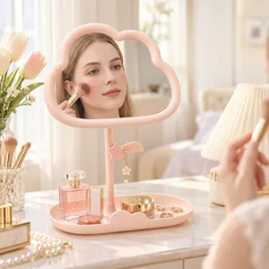 Pink cloud desktop makeup mirror with storage tray and rotating vanity mirror for bedroom.