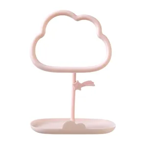 Pink cloud desktop makeup mirror with storage tray, cute aesthetic room decor for dorm.