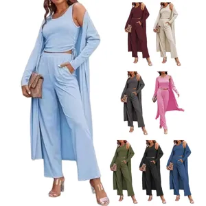 Women Fashion Cardigan Vest And Pants Set Casual Elegant Solid Color Long Sleeve Cardigan Drawstring Top Pocket Pants Outfits