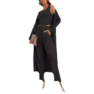 Women 3 piece casual black outfit long cardigan tank top pants fashion style apparel