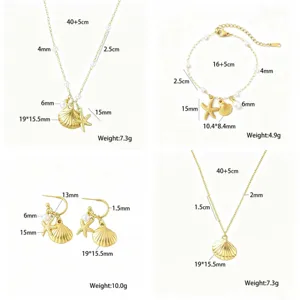 Conjunto de collar pulsera pendientes concha perla estilo océano dimensiones detalladas.