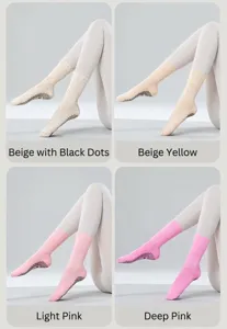 Detailed view of non-slip yoga socks with grip dots, available in multiple soft colors.