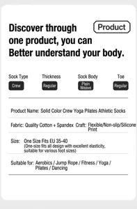 Non-slip yoga Pilates socks with mid-calf design, regular thickness and breathable plain weave.