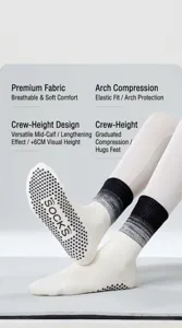 Gradient non-slip yoga socks detail view, featuring grip dots on sole and compression mid-calf.