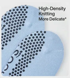 Non-slip yoga socks with black silicone grips for women, high-density knit fabric detail.