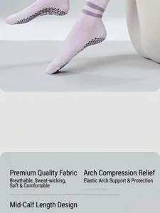 Detailed view of women non-slip yoga socks featuring grip soles, breathable fabric.