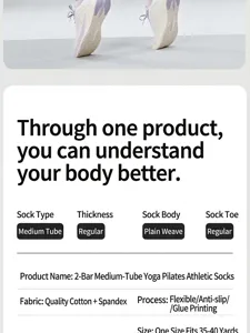 High quality cotton yoga socks detail, comfortable mid-tube design with anti-slip grip.