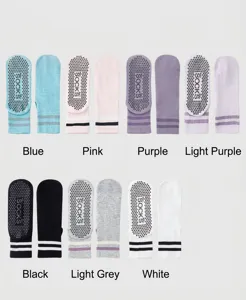Anti-slip yoga socks detail showing multi-color options and dotted grip soles for pilates.