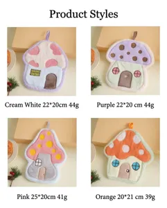 Cute mushroom house hanging hand towel, soft coral fleece absorbent kitchen bathroom towel.