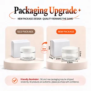 Clear glass cosmetic jar with white lid and matching box showing new package design.
