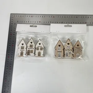 Wooden Christmas house hanging decoration detail showing dimensions and cute design.