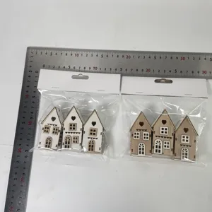 Christmas wooden hanging house ornaments set of six rustic holiday tree decorations.