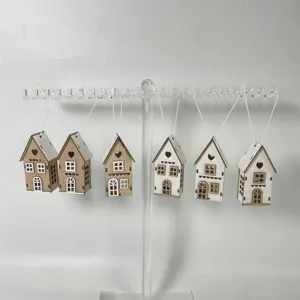 Wooden Christmas small house hanging ornament set cute creative holiday festive decor details view.