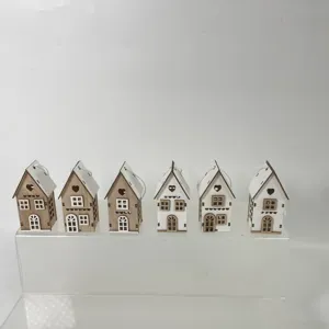 Wooden Christmas house hanging ornaments set of 6 small cute holiday tree decorations for home