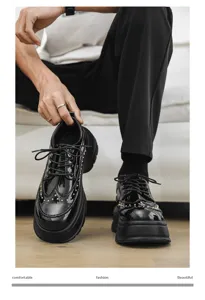 Herren schwarze Lackleder klobige Brogues Schuhe Plateau Business Freizeit Schnürschuhe Nieten