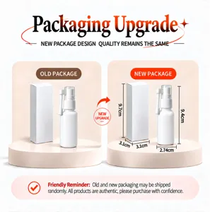 Detail view showing packaging upgrade comparison and dimension specifications of oral spray bottle.