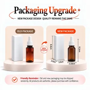 Braunglas Tropfflaschen Verpackung Detail mit Abmessungen und neuem Upgrade Design.