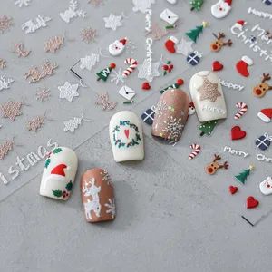 Adesivi per unghie di Natale retro crema simpatici adesivi in rilievo per manicure natalizia.