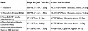 Detailed size and packaging specification chart for outdoor camping BBQ grill tool sets.