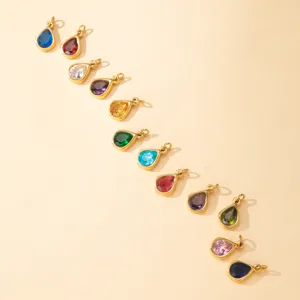 Colorful teardrop birthstone pendant DIY jewelry accessory, elegant gold-rimmed zircon charm.