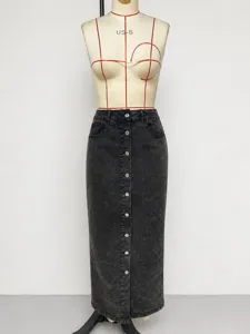 Vintage wash black denim maxi skirt with front button-up detail for women daily wear.