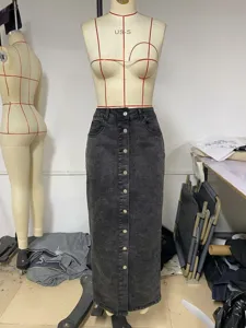 Vintage dark grey denim midi skirt with front buttons, high waist casual split long skirt.