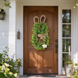 Easter bunny green leaf wreath detail view, burlap ears and flower door hanging decor.