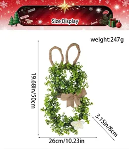 Easter bunny wreath size details showing height 50cm width 26cm with burlap ears and green leaves.