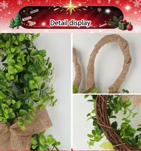 Easter wreath detail view showing artificial green leaves, burlap bow and natural twig base structure.