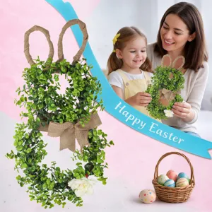 Easter Bunny Wreath Artificial Greenery Vine Ears Linen Bowknot Daisy Wall Door Hanging Spring Decoration