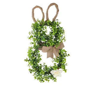 Easter bunny artificial green leaf wreath with burlap ears and bow for wall decor