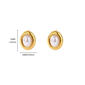 Pendientes de tuerca ovalados de perlas falsas de acero de titanio oro 18k vintage