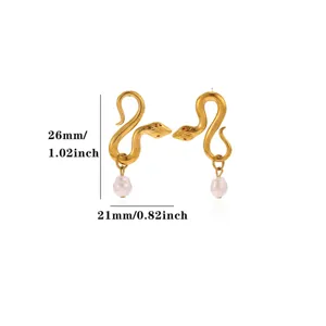 Pendientes de serpiente perla oro vintage moda joyeria elegante para mujer 26x21mm