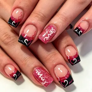 Valentijnsdag Rood Zwart Glanzende Kunstnagels Hart Golf Patroon Zoet Stoer Stijl Voor Vrouwen Persoonlijke Nageldecoratie