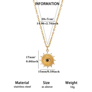 Stainless steel evil eye sun pendant clavicle chain with detailed dimension specs.
