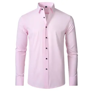 Men's long sleeve pink dress shirt regular fit non iron stretch formal button down business top