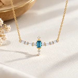 Elegant 925 silver gold-plated London blue topaz necklace vintage palace style jewelry