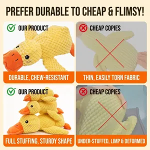 Durable yellow duck plush pet toy for dogs and cats, squeaky chew toy with soft fabric.