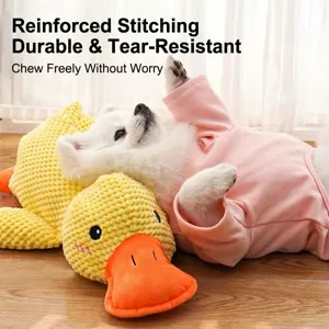 Cute yellow duck dog plush squeak toy with pink pet clothes, bite resistant molar chew toy