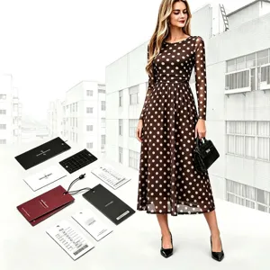 Elegante vestido midi marrón de manga larga con lunares para mujer, ropa informal elegante.
