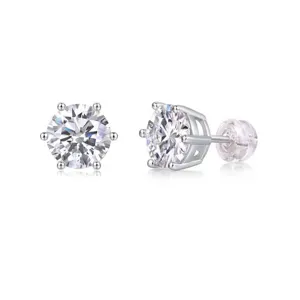 S925 Sterling Silver Lab Grown Moissanite Stud Earrings With 925 Silver Earring Post Six Prong Round Brilliant Cut Jewelry