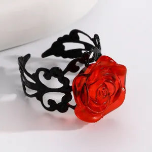 Fashion open ring featuring a striking red resin rose and black hollow metal band.