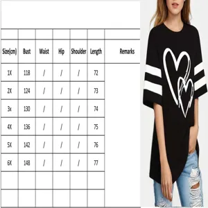 Plus size heart print short sleeve t-shirt size chart and detailed apparel view.