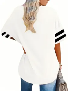Plus size oversized white t-shirt with short sleeves and black stripes for women summer style.