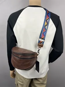 Mens casual retro sling bag with colorful strap, vintage brown leather shoulder bag for men.