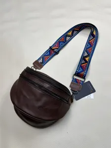 Threebox brown leather crescent crossbody bag with retro colorful geometric strap for men women
